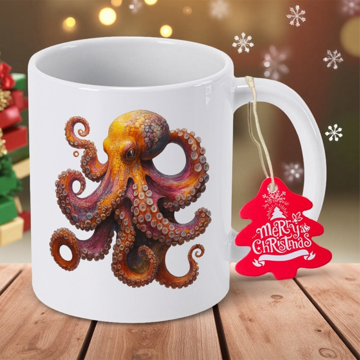 Tailorly White Ceramic 11 oz Mug - Merry Christmas Detailed Marine Creature With Curled Orange Tentacles Swimming Beneath Waves Octopus