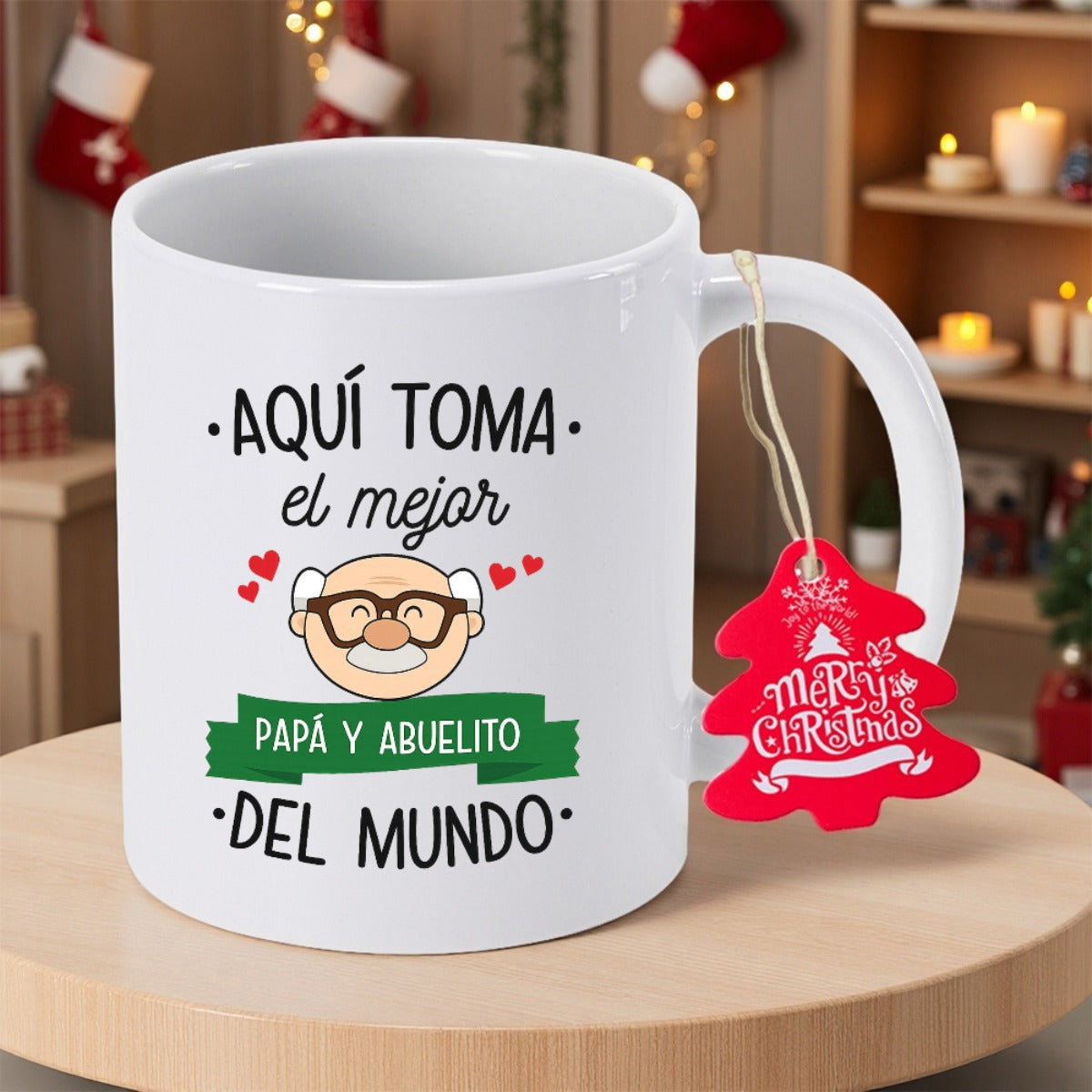 Tailorly White Ceramic 11 oz Mug - Merry Christmas Cartoon Illustration Of A Smiling Elderly Man With Glasses And Mustache Grandpa