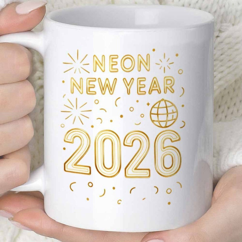 Tailorly White Ceramic 11 oz Mug - Neon New Year 2026 Festive Golden Celebratory Fireworks With Sparkling Confetti And A Retro Discoball
