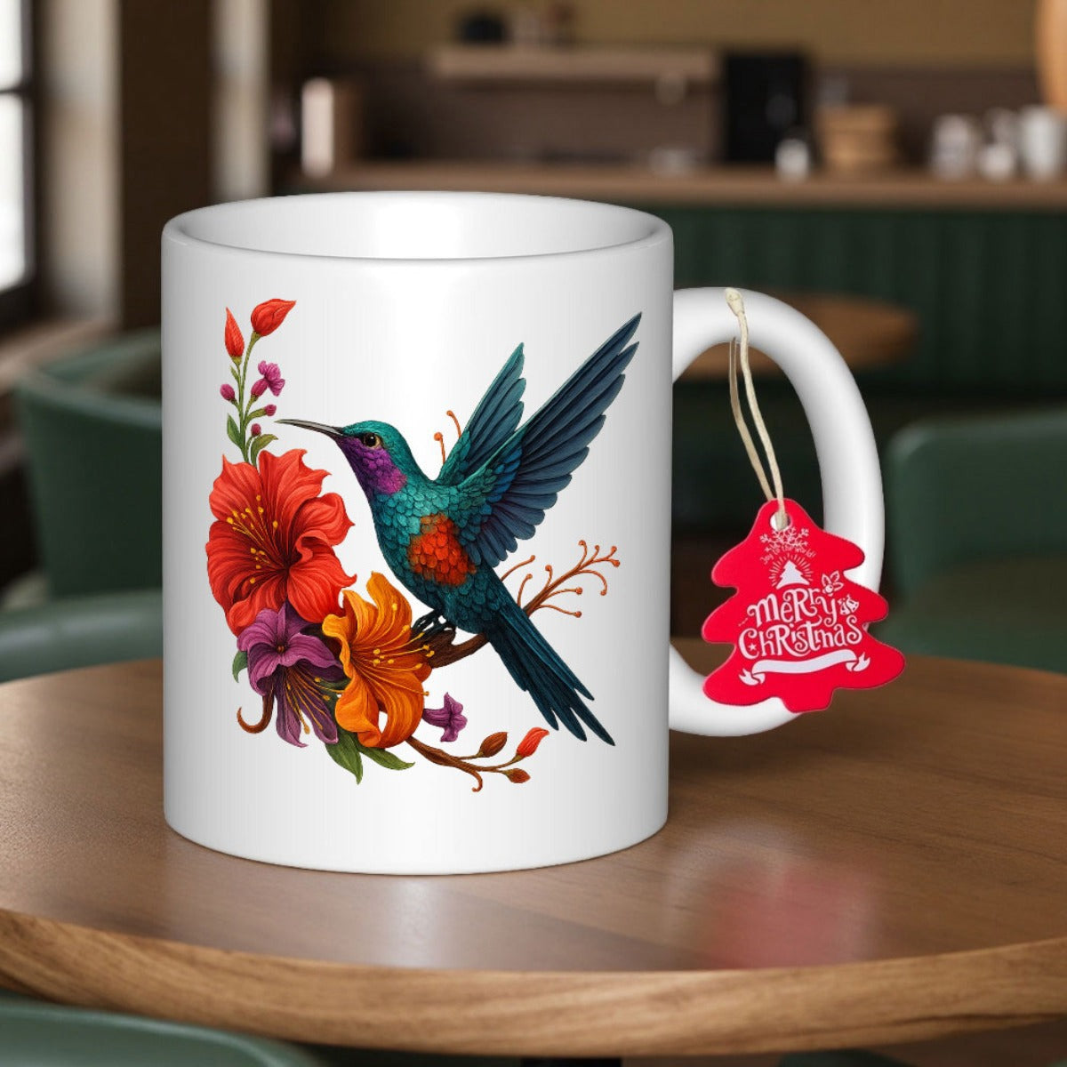 Tailorly White Ceramic 11 oz Mug - Merry Christmas Vibrant Colorful Hibiscus Blossoms Among Delicate Iridescent Wings And Elegant Garden Hummingbird
