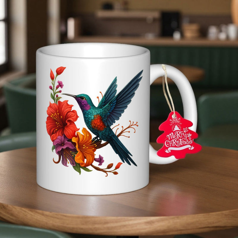 Tailorly White Ceramic 11 oz Mug - Merry Christmas Vibrant Colorful Hibiscus Blossoms Among Delicate Iridescent Wings And Elegant Garden Hummingbird