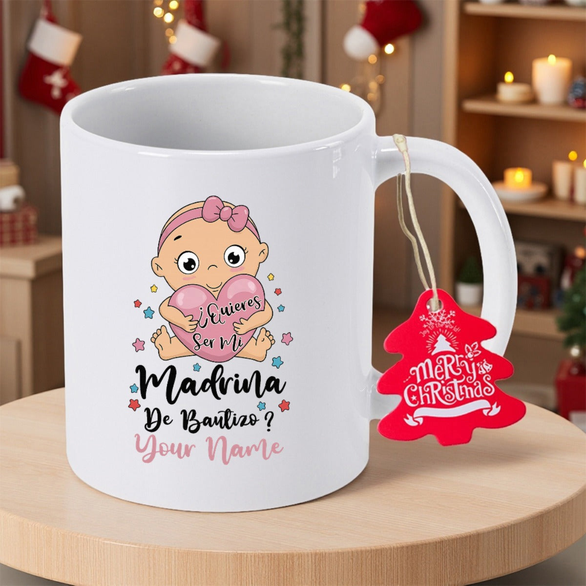 Tailorly White Ceramic 11 oz Mug - Madrina De Bautizo Your Name Merry Christmas Adorable Cartoon Baby Girl Holding Heart Surrounded By Colorful Little Stars Mug