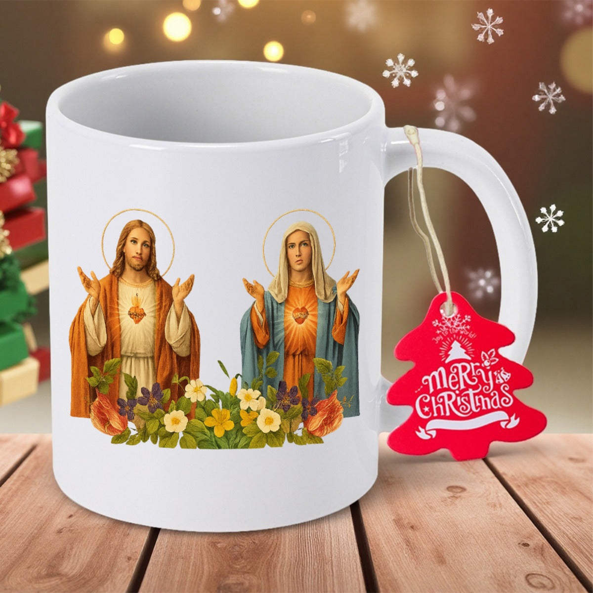Tailorly White Ceramic 11 oz Mug - Merry Christmas Sacred Heart Of Jesus And Mary Among Blooming Garden Flowers Portrait