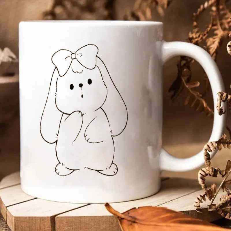 Tailorly White Ceramic 11 oz Mug - Minimalist Simple Line Art Featuring Floppy Ears And Bow Rabbit