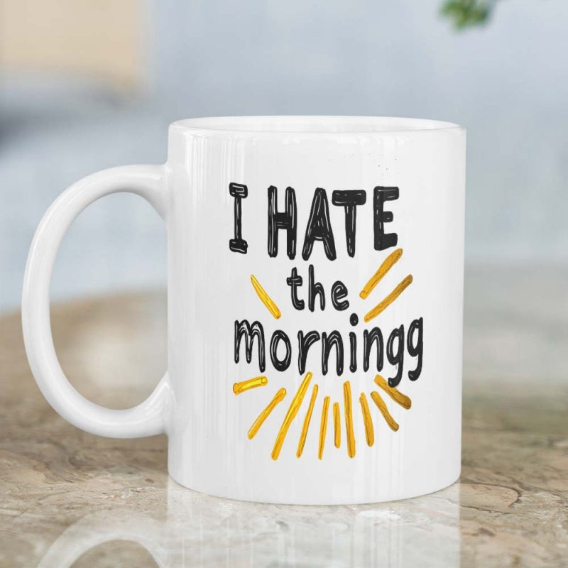 Tailorly White Ceramic 11 oz Mug - I Hate The Morningg Minimalist Yellow Sunburst Lines Under Hand Drawn Typography Text Mug
