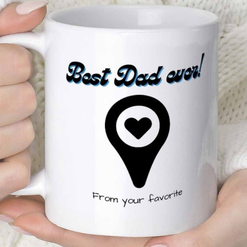 Tailorly White Ceramic 11 oz Mug - Best Dad Ever From Your Favorite Minimalist Silhouette Of Map Location Marker With Heart Detail Design Pin