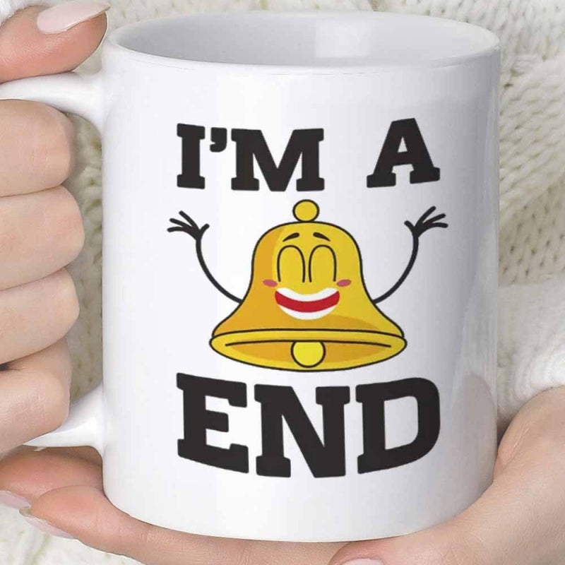 Tailorly White Ceramic 11 oz Mug - I'm A End Cheerful Smiling Yellow Cartoon Character With Arms Raised High Bell