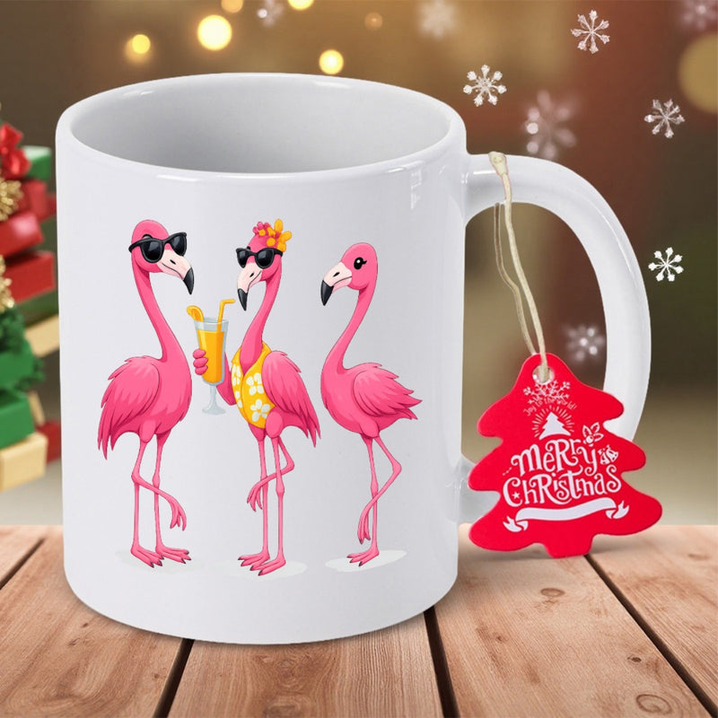 Tailorly White Ceramic 11 oz Mug - Merry Christmas Three Playful Pink Birds Wearing Sunglasses And Enjoying Tropical Drinks Flamingo