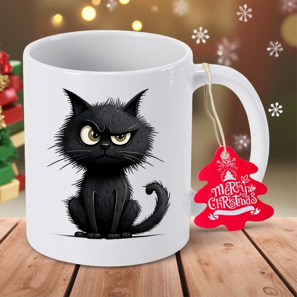 Tailorly White Ceramic 11 oz Mug - Merry Christmas Grumpy Black Cat With Messy Fur And Large Expressive Eyes Sitting Patiently Cat