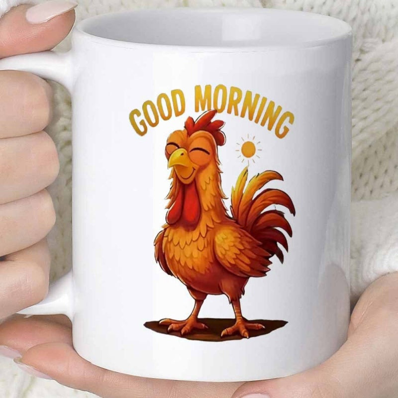 Tailorly White Ceramic 11 oz Mug - Good Morning Cheerful Smiling Orange Bird Standing Under Warm Sunlight Rooster