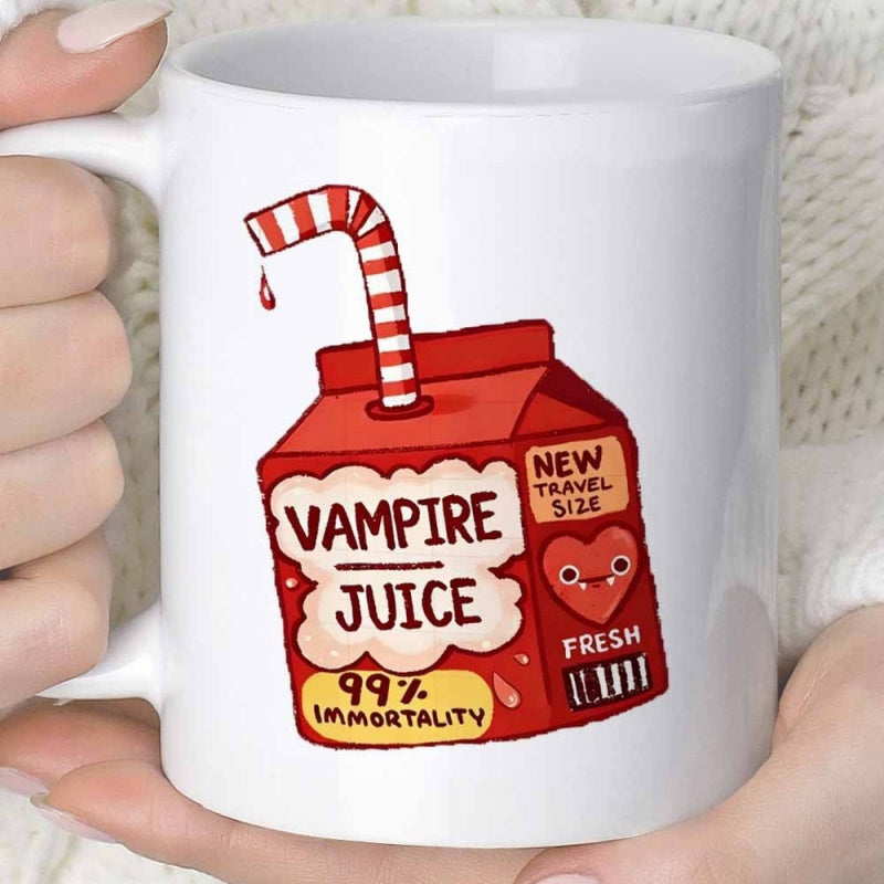 Tailorly White Ceramic 11 oz Mug - Vampire Juice 99 Percent Immortality Fresh New Travel Size Cute Red Cartoon Drink Box With Striped Straw And Heart Carton