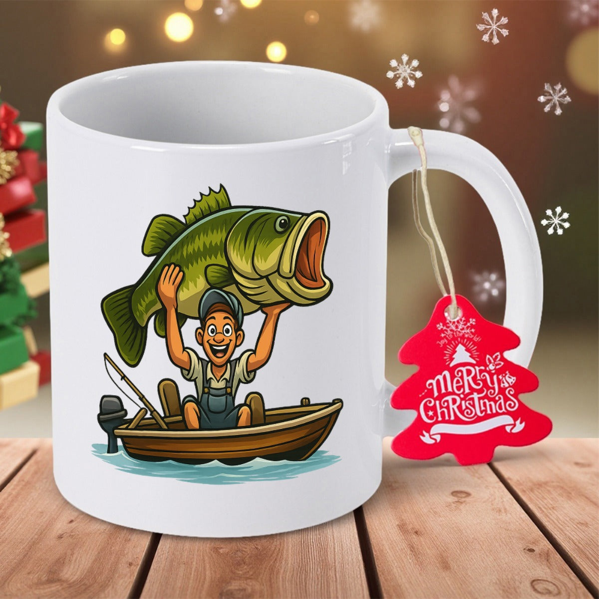 Tailorly White Ceramic 11 oz Mug - Enthusiastic Fisherman In A Small Boat Holding A Large Green Bass