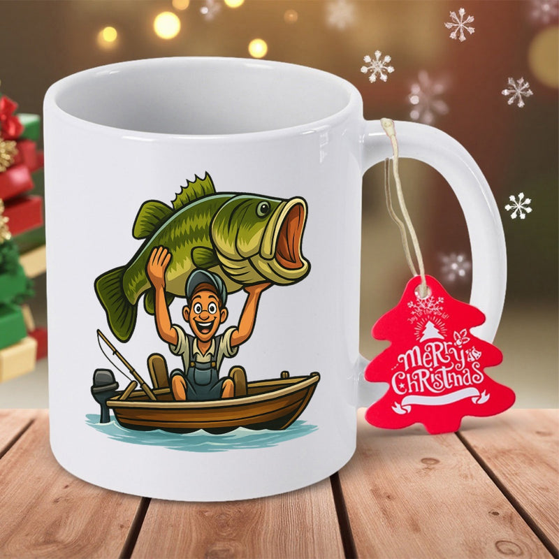 Tailorly White Ceramic 11 oz Mug - Enthusiastic Fisherman In A Small Boat Holding A Large Green Bass