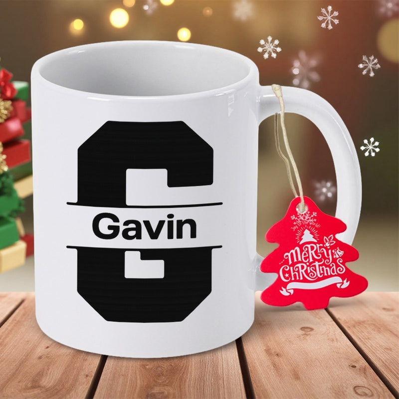 Tailorly White Ceramic 11 oz Mug - Gavin Merry Christmas Bold Black Split Monogram Letter Featuring Personalized Name Centered On