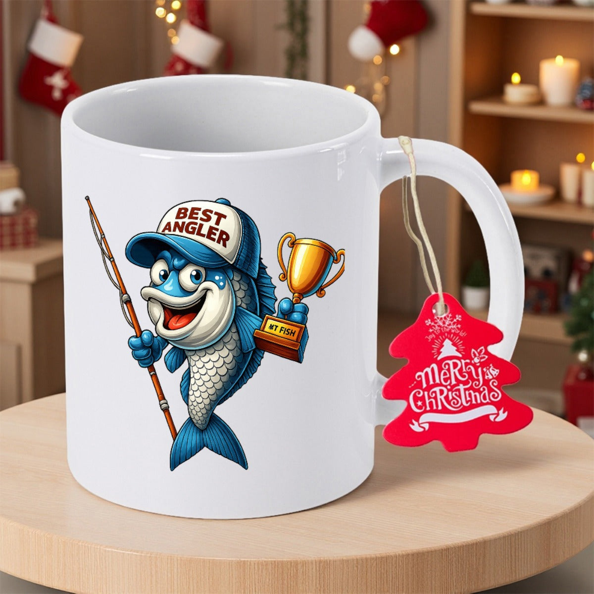 Tailorly White Ceramic 11 oz Mug - Best Angler Merry Christmas Smiling Blue Fish Wearing Hat Holding Trophy And Long Fishing Rod Fish