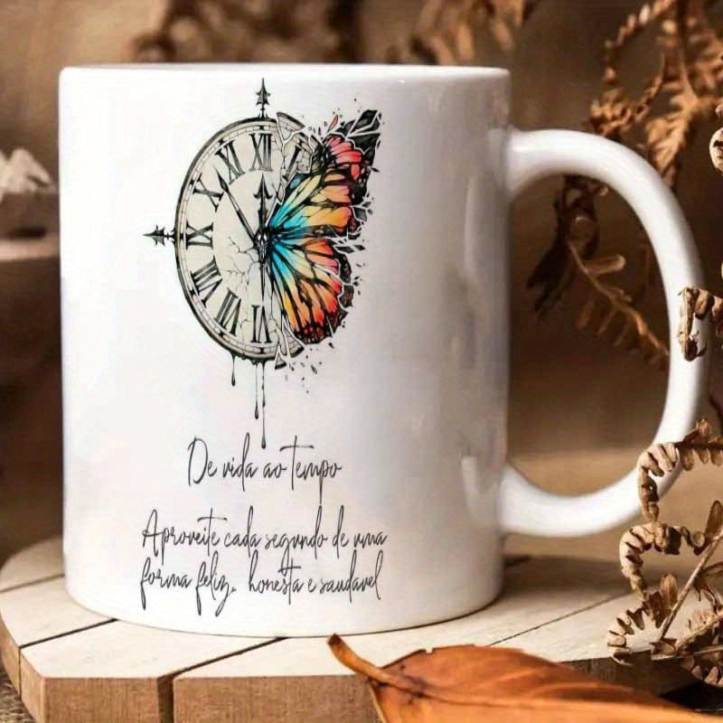 Tailorly White Ceramic 11 oz Mug - Vintage Clock Face Merged With Vibrant Colorful Artistic Wing Butterfly