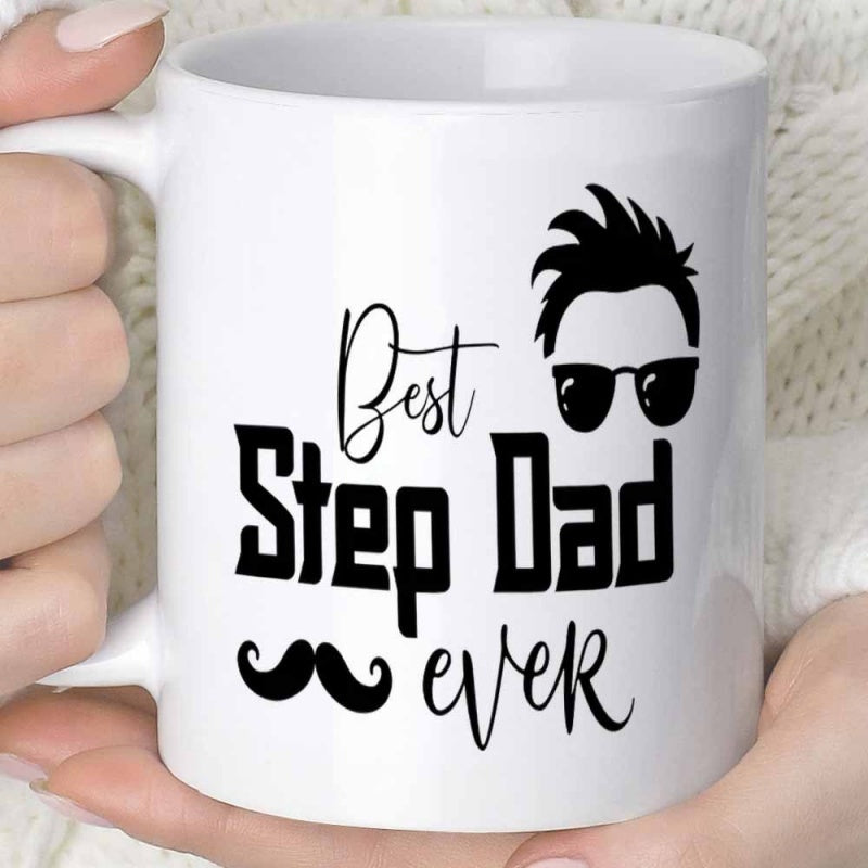 Tailorly White Ceramic 11 oz Mug - Best Step Dad Ever Stylish Cool Male Silhouette Featuring Sunglasses And A Handlebar Mustache Mug