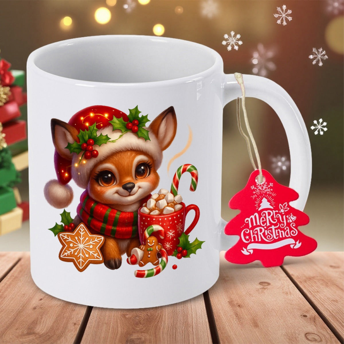 Tailorly White Ceramic 11 oz Mug - Merry Christmas Adorable Baby Reindeer Wearing Festive Red Scarf Beside Warm Cocoa Cup Deer