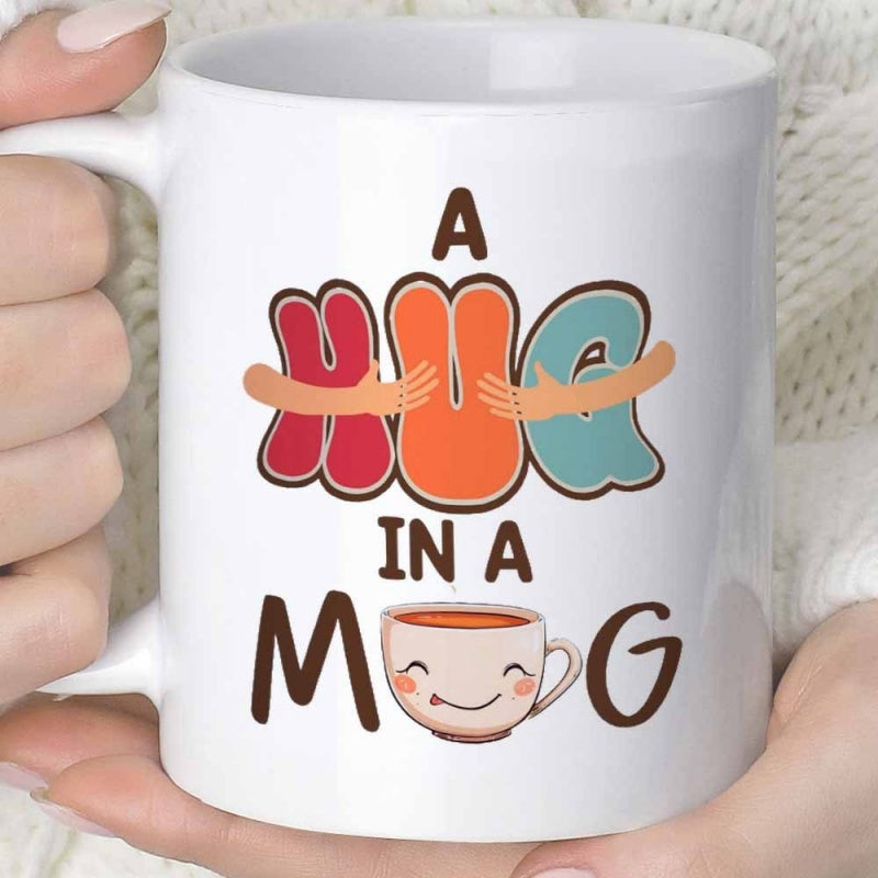 Tailorly White Ceramic 11 oz Mug - A Hug In A Mug Cheerful Smiling Ceramic Cup With Retro Style Hugging Letters Graphic Mug