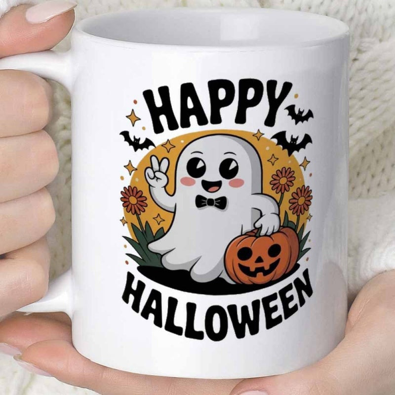 Tailorly White Ceramic 11 oz Mug - Happy Halloween Cute Smiling Cartoon Character With Bow Tie Beside Carved Orange Pumpkin Ghost