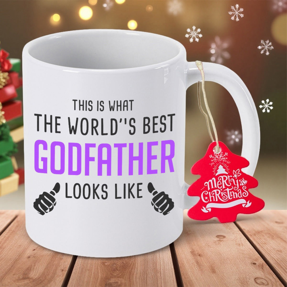Tailorly White Ceramic 11 oz Mug - This Is What The Worlds Best Godfather Looks Like Merry Christmas Minimalist White Ceramic Body Featuring Bold Purple Text And