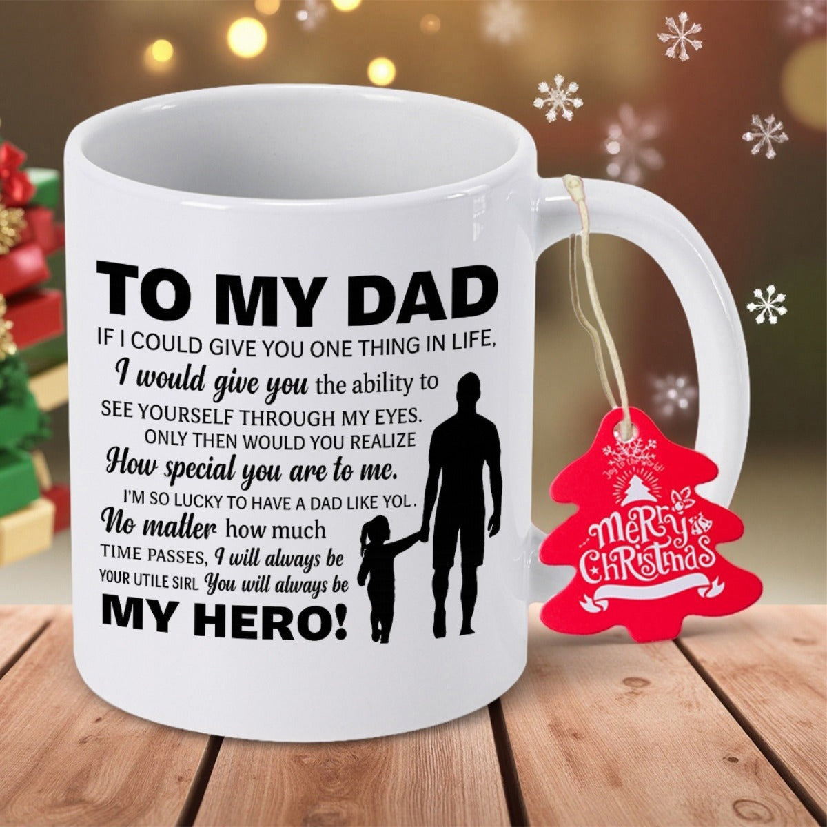 Tailorly White Ceramic 11 oz Mug - To My Dad My Hero Minimalist Black Silhouette Featuring A Father And Child Holding Hands Together Mug