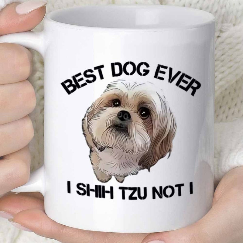 Tailorly White Ceramic 11 oz Mug - Best Dog Ever I Shih Tzu Not Realistic Hand Painted Pet Portrait With Expressive Eyes Among Minimalist Background Shih Tzu