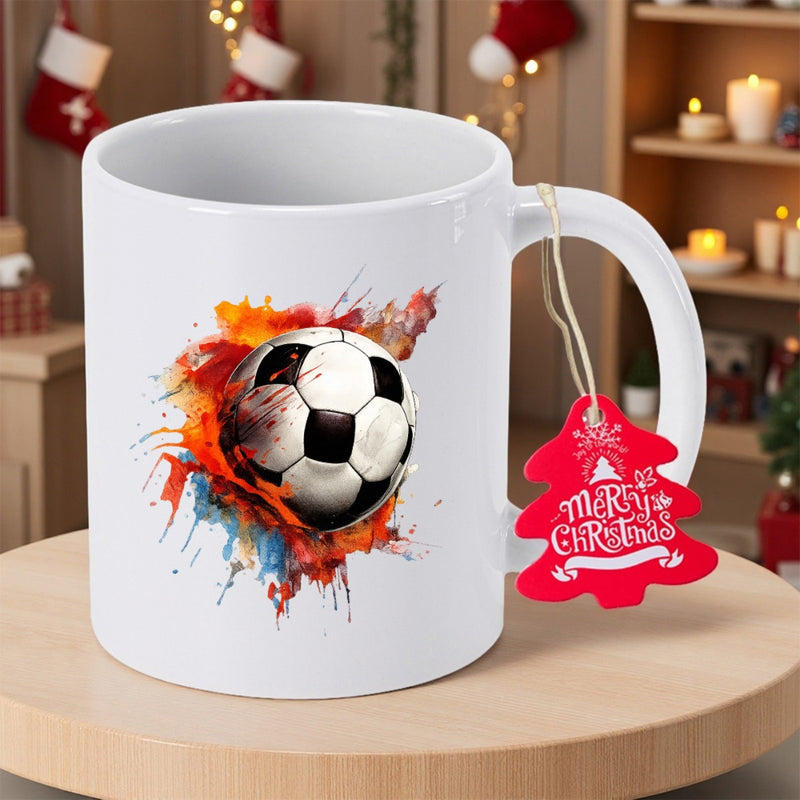 Tailorly White Ceramic 11 oz Mug - Vibrant Colorful Splashes Of Paint Surrounding A Stylized Sports Soccer Ball