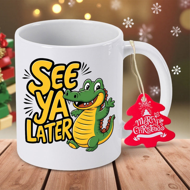 Tailorly White Ceramic 11 oz Mug - See Ya Later Smiling Cartoon Green Reptile With Yellow Belly Waving Its Hand Alligator