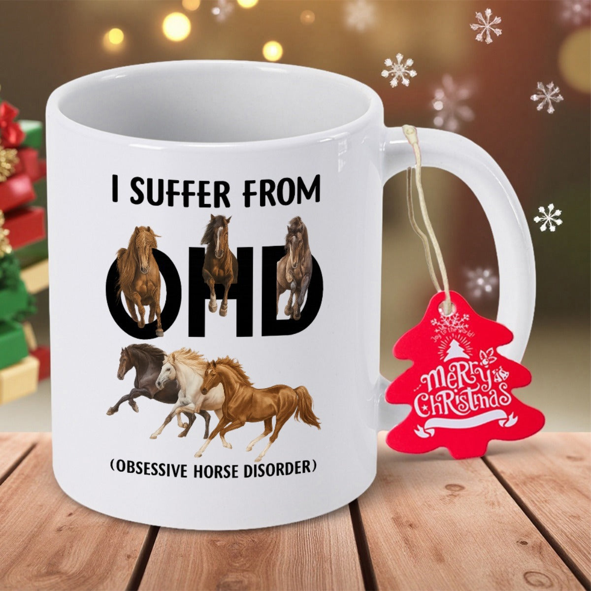 Tailorly White Ceramic 11 oz Mug - I Suffer From Ohd Obsessive Horse Disorder Majestic Brown And White Stallions Running Across A Pure Background Horse