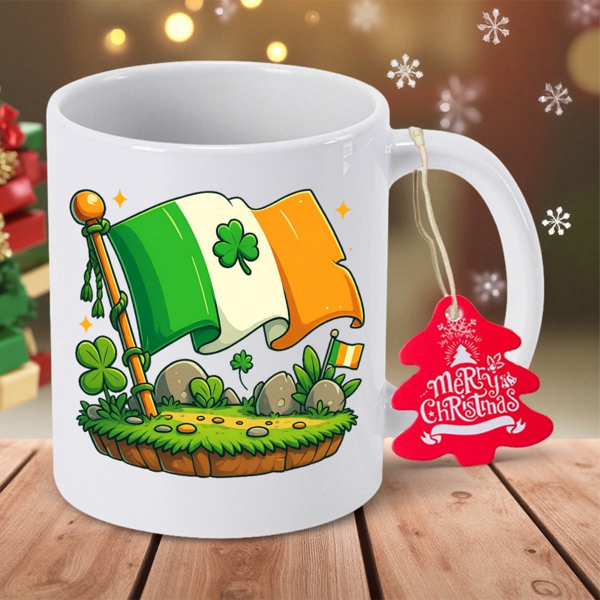 Tailorly White Ceramic 11 oz Mug - Merry Christmas Cartoon Style Waving Irish Flag Surrounded By Tiny Green Shamrocks Flag