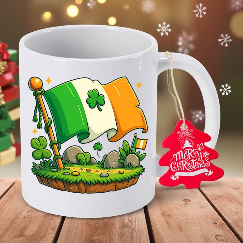 Tailorly White Ceramic 11 oz Mug - Merry Christmas Cartoon Style Waving Irish Flag Surrounded By Tiny Green Shamrocks Flag