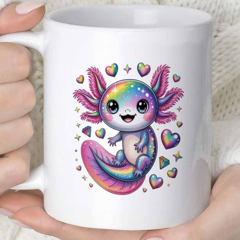 Tailorly White Ceramic 11 oz Mug - Vibrant Rainbow Kawaii Creature Surrounded By Floating Hearts And Stars Axolotl