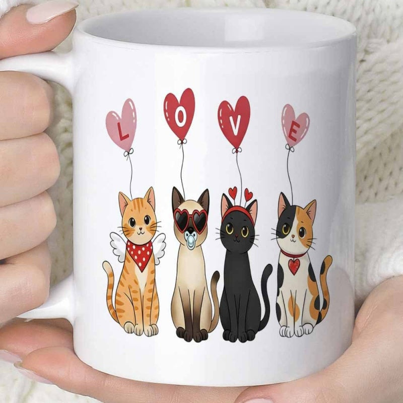 Tailorly White Ceramic 11 oz Mug - Love Four Adorable Kittens Holding Floating Heart Shaped Balloon Cats