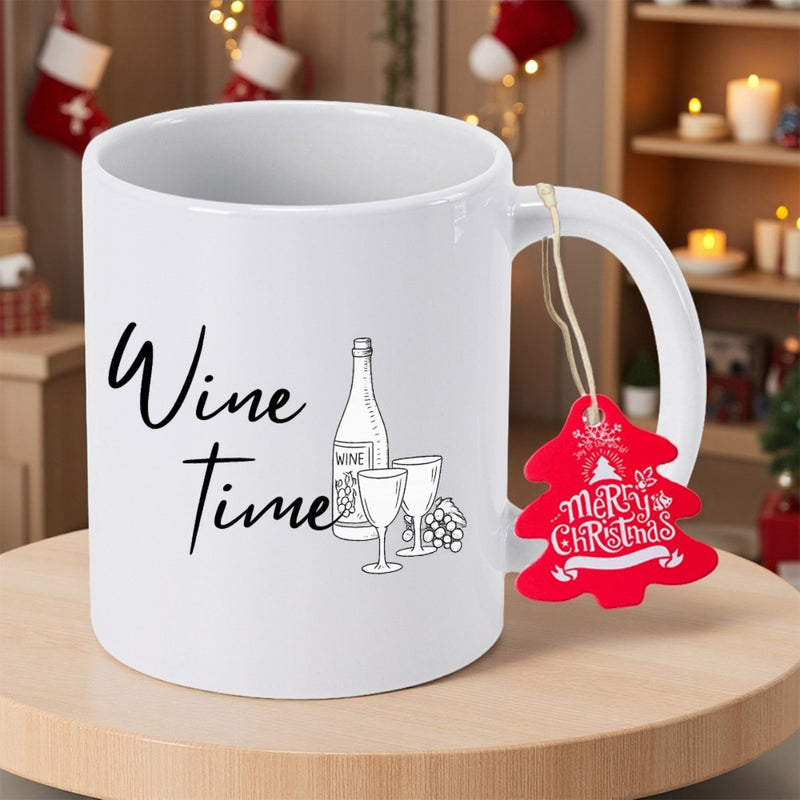 Tailorly White Ceramic 11 oz Mug - Wine Time Merry Christmas Minimalist Line Drawing Featuring Elegant Glassware With A Classic Slender Bottle Wine Bottle