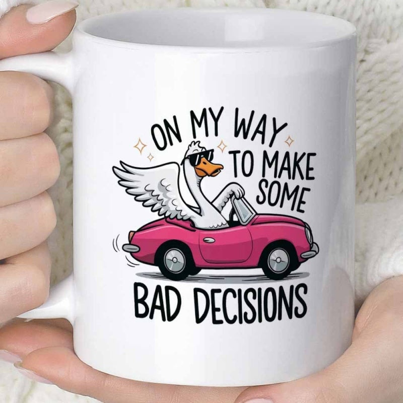 Tailorly White Ceramic 11 oz Mug - On My Way To Make Some Bad Decisions Stylized White Swan Wearing Sunglasses Driving A Pink Vintage Convertible Car
