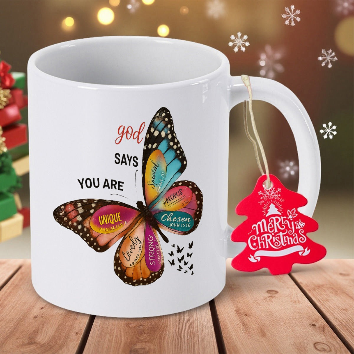 Tailorly White Ceramic 11 oz Mug - God Says You Are Unique Lovely Strong Chosen Merry Christmas Vibrant Colorful Wings Spreading Joy Amidst Small Elegant Flying