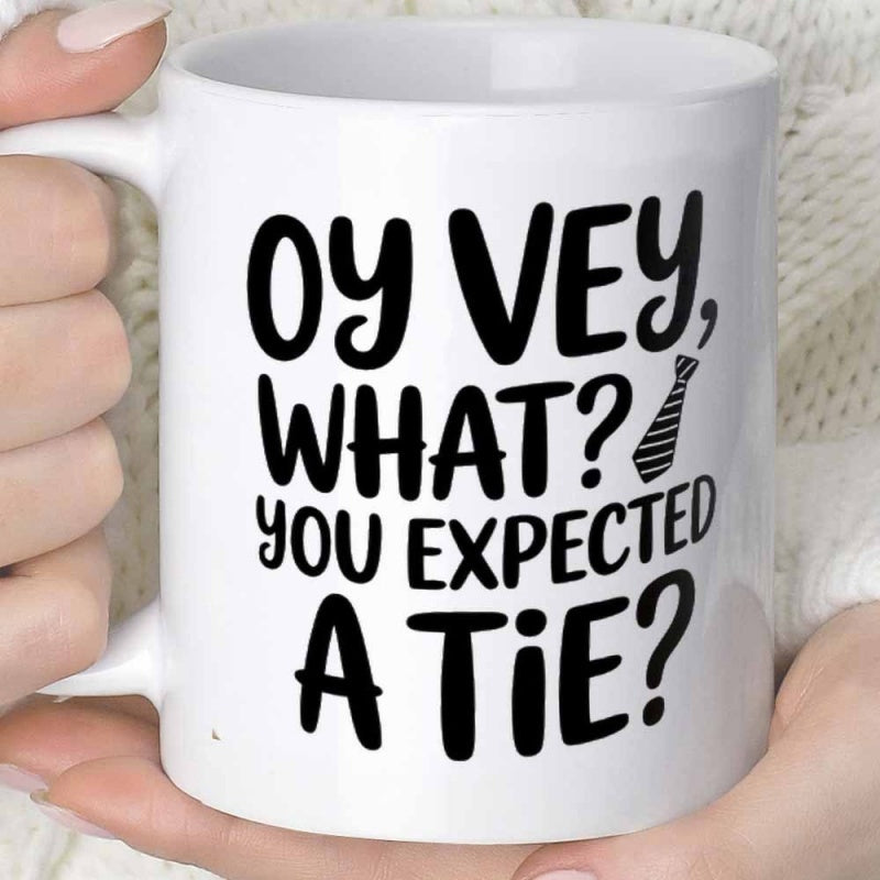 Tailorly White Ceramic 11 oz Mug - Oy Vey What You Expected A Tie Minimalist Black Striped Pattern On White Background Modern Style Necktie