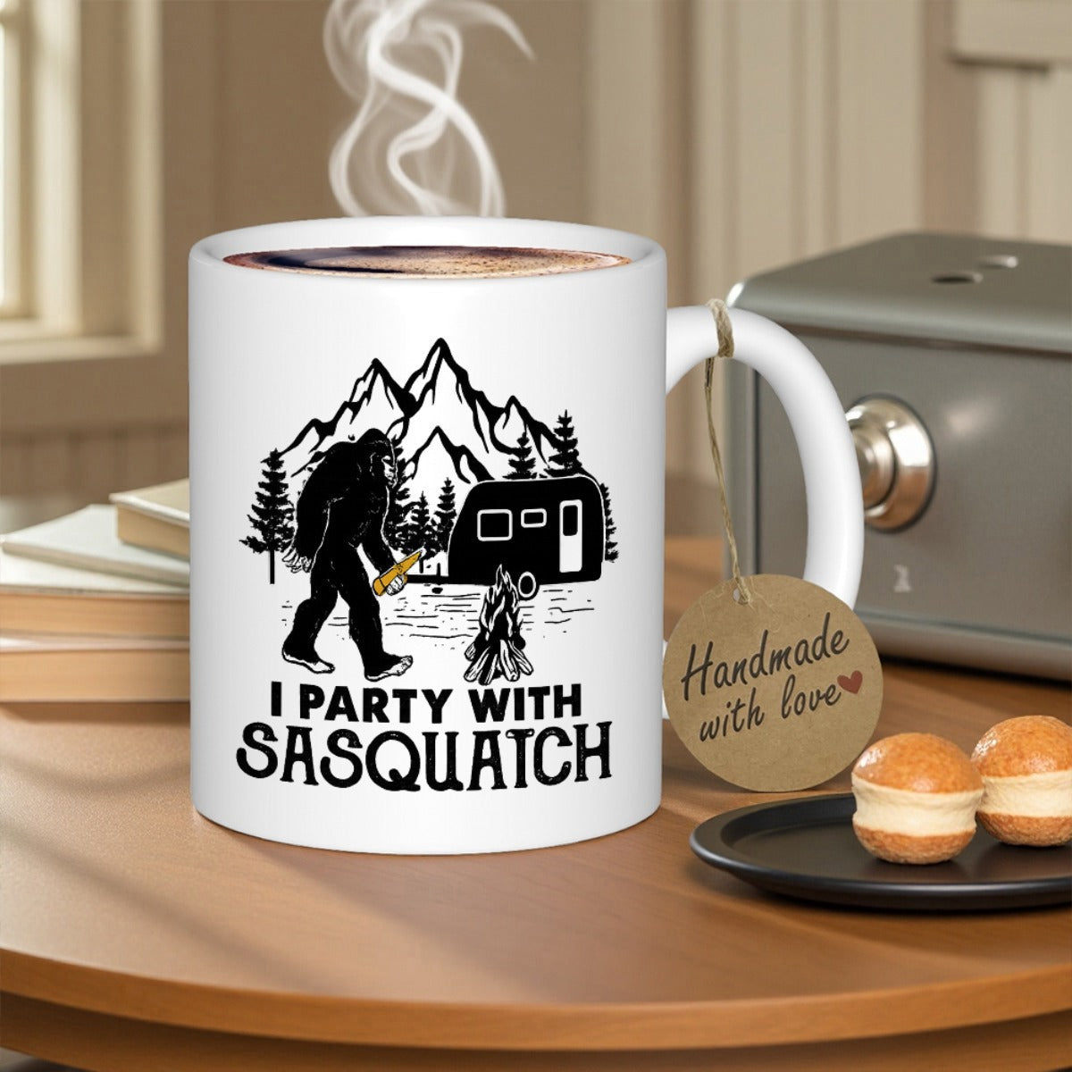 Tailorly White Ceramic 11 oz Mug - I Party With Sasquatch Silhouette Of Mythical Creature Walking Near Camper Trailer Among Mountains Sasquatch