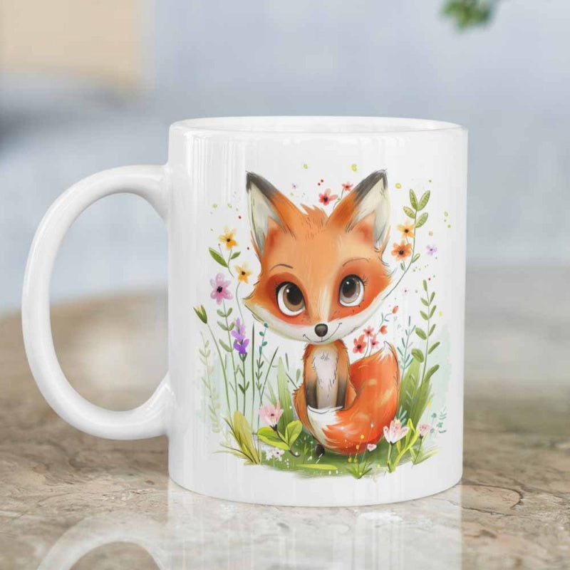 Tailorly White Ceramic 11 oz Mug - Hand Painted Watercolor Style Little Fox Sitting Peacefully Among Wildflowers Fox