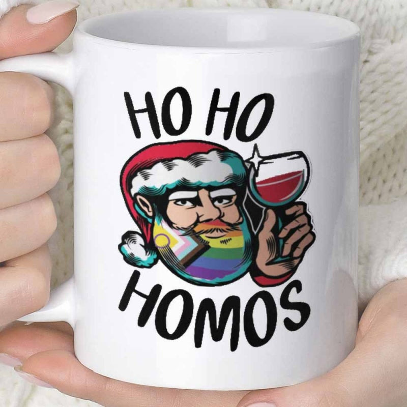Tailorly White Ceramic 11 oz Mug - Ho Ho Homos Festive Jolly Santa Claus With Colorful Rainbow Pride Beard Santa