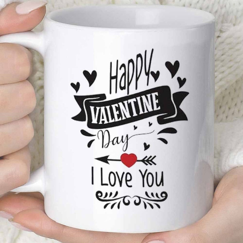 Tailorly White Ceramic 11 oz Mug - Happy Valentine Day I Love You Elegant Decorative Banner With Floating Small Hearts And Pierced Arrow Heart
