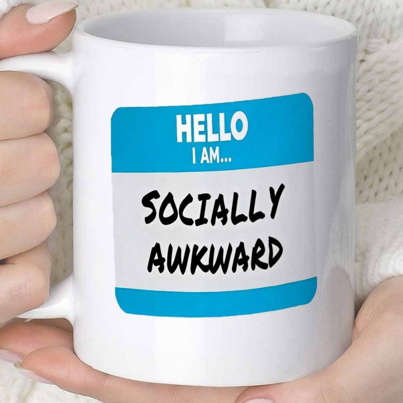 Tailorly White Ceramic 11 oz Mug - Hello I Am Socially Awkward Simple Blue White Name Tag Design With Fun Marker Font Tag