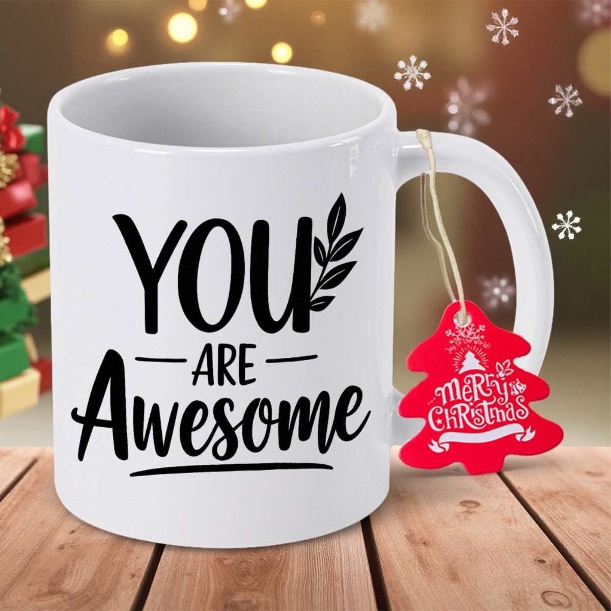 Tailorly White Ceramic 11 oz Mug - You Are Awesome Minimalist Natural Black Foliage With Delicate Detailed Leafy Branch