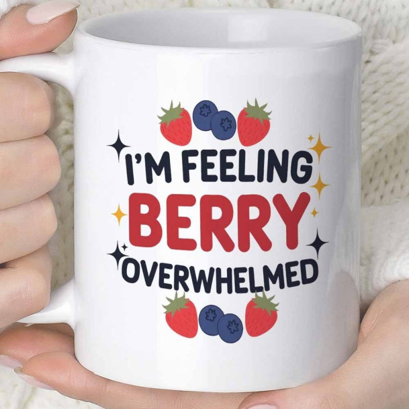 Tailorly White Ceramic 11 oz Mug - Im Feeling Berry Overwhelmed Vibrant Red Strawberries And Ripe Blueberries With Shimmering Little Golden Stars Strawberry