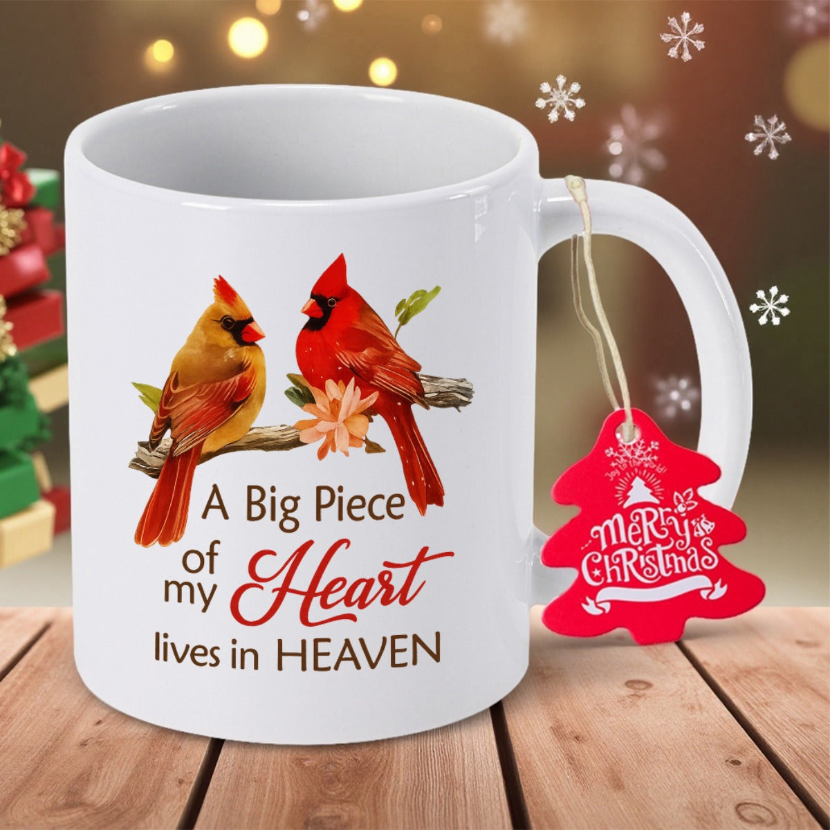 Tailorly White Ceramic 11 oz Mug - A Big Piece Of My Heart Lives In Heaven Two Cardinal Birds Perched Peacefully On A Delicate Flowering Branch Cardinal