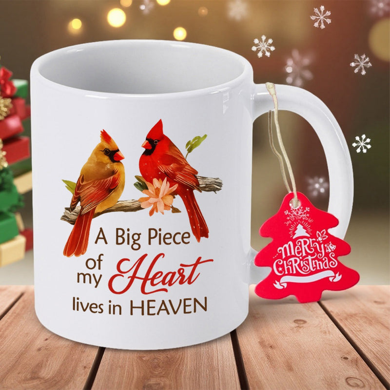 Tailorly White Ceramic 11 oz Mug - A Big Piece Of My Heart Lives In Heaven Two Cardinal Birds Perched Peacefully On A Delicate Flowering Branch Cardinal