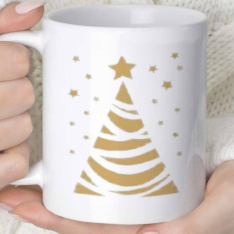 Tailorly White Ceramic 11 oz Mug - Abstract Golden Wavy Lines Forming A Star Topped Festive Winter Christmas Tree