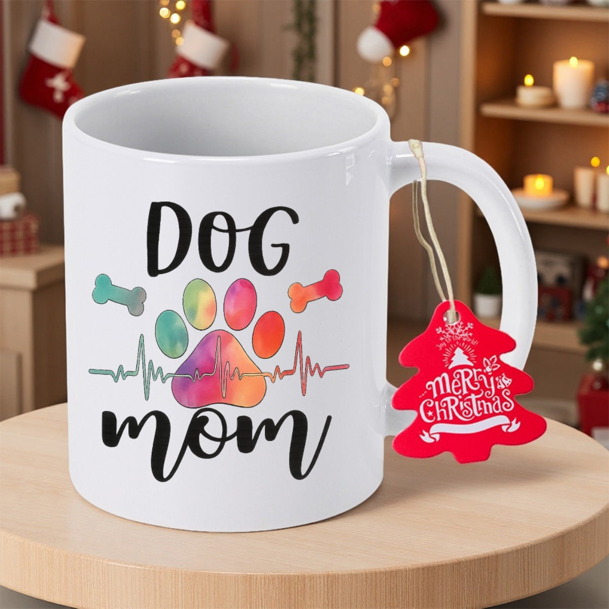 Tailorly White Ceramic 11 oz Mug - Dog Mom Colorful Artistic Watercolor Splatter Design With Small Bones And Pulse Line Paw Print