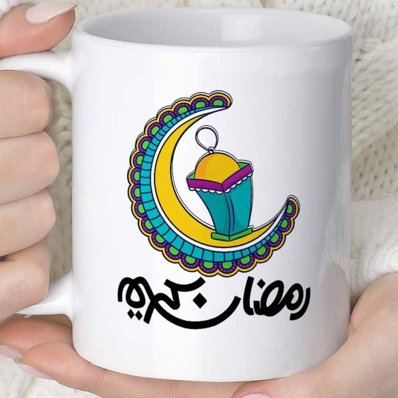 Tailorly White Ceramic 11 oz Mug - Traditional Lantern Resting Inside Vibrant Decorative Patterns Crescent
